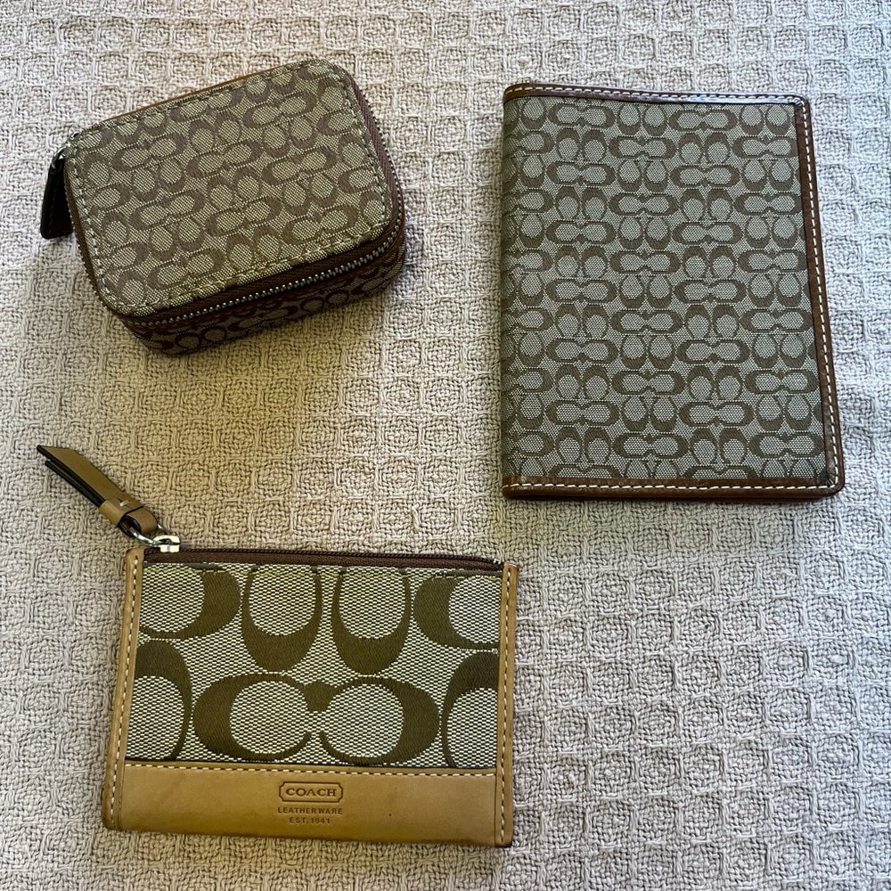 Lot of 3 Coach accessories. Passport cover, travel pill case and coin/zip pouch.